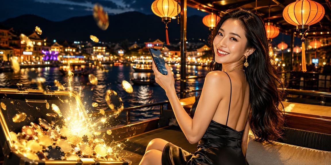 Người dùng trải nghiệm casino trực tuyến trên điện thoại tại chợ đêm Hội An
