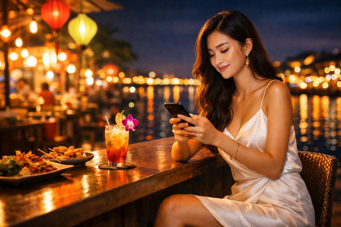 Cảnh chợ đêm vùng Mekong với người dùng chơi casino trực tuyến trên điện thoại di động